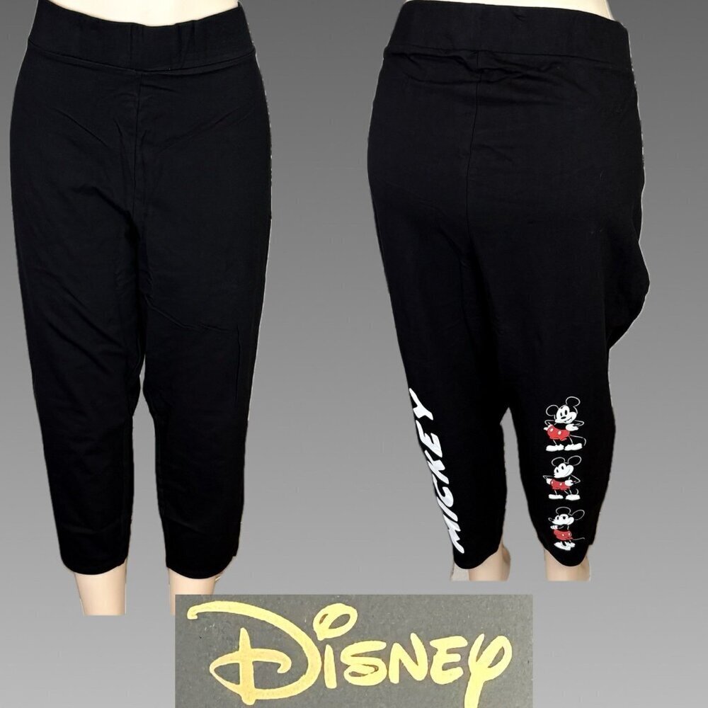 Disney +5 Black Stretch Waist Back Of Leg Mickey Mouse Graphic Cotton Crop Pants